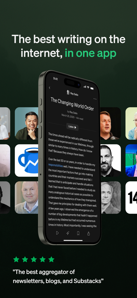 The Perch Reader app interface displaying a focused reading environment in dark mode with a featured article.
