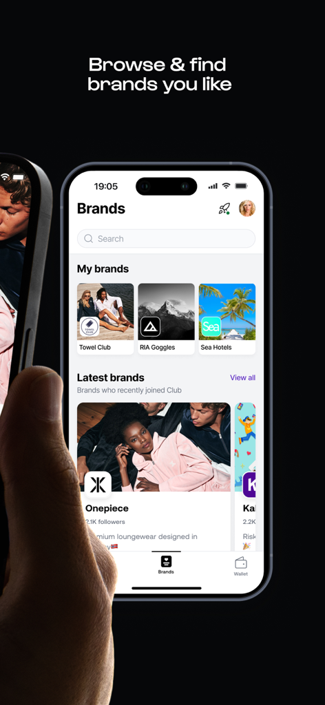 Club - Interface of the Club app showing brands available for creator collaborations
