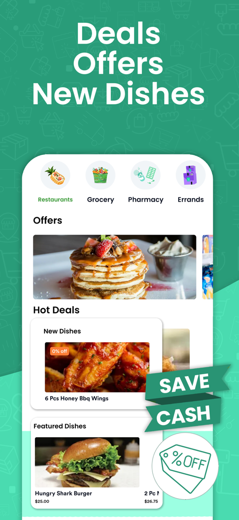 Vonzuu - Vonzuu app screen displaying food delivery offers and hot deals on dishes like burgers and wings.