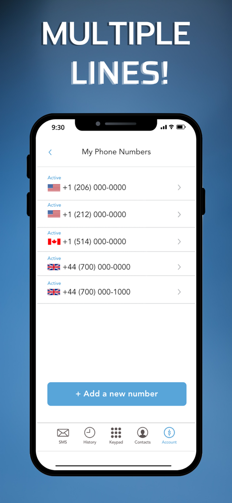 Screenshot of APhone app showing a list of active second phone numbers from the USA, Canada, and United Kingdom.