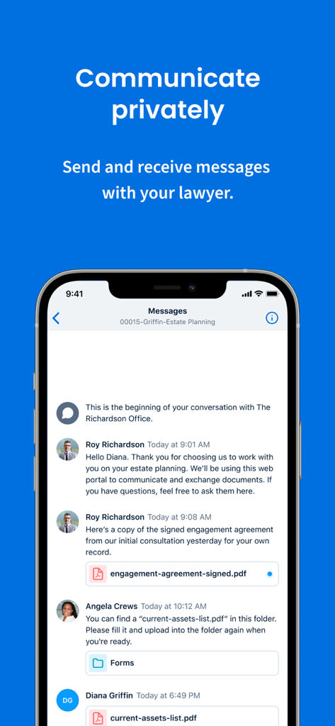 Clio for Clients - Secure messaging interface in the Clio for Clients app for communicating with a lawyer