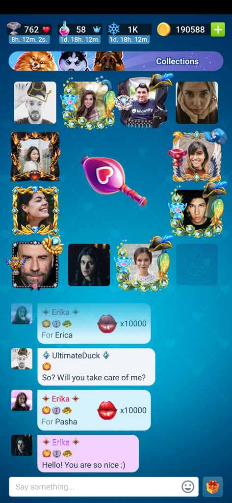 Interfaz de juego de girar la botella con perfiles de usuario y chat en vivo en la aplicación Kiss Kiss.