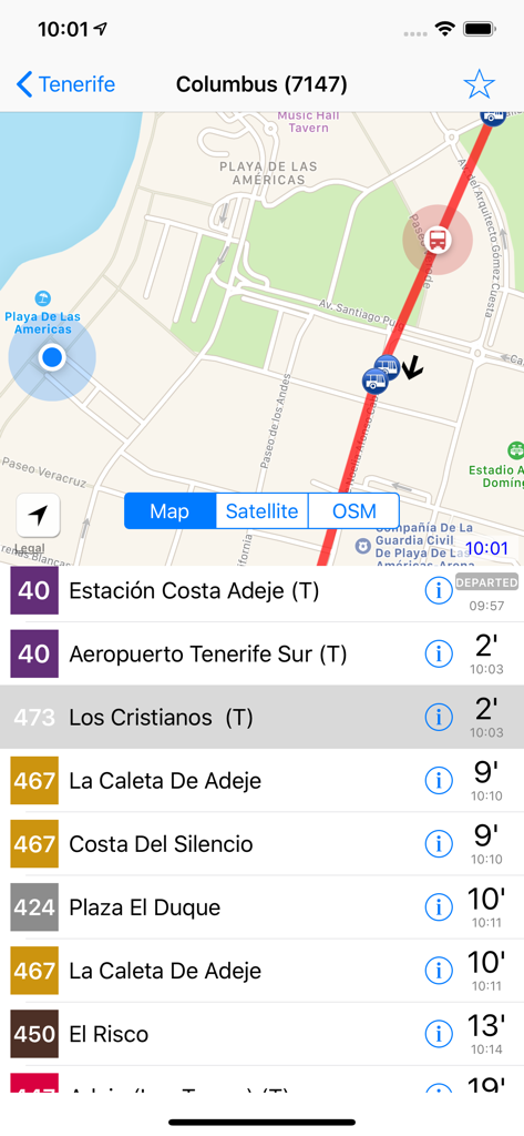 Application de bus de Tenerife montrant une carte avec une ligne d'itinéraire rouge et une liste des prochains départs de bus avec horaires