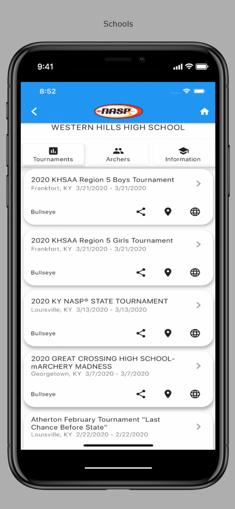 NASP® Portal - List of archery tournaments for Western Hills High School on the NASP Portal mobile app