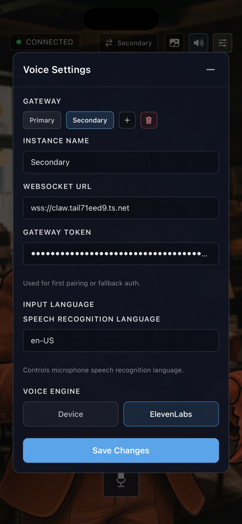 OpenClaw Voice Companion - The settings interface for configuring the OpenClaw gateway and selecting ElevenLabs as the voice engine