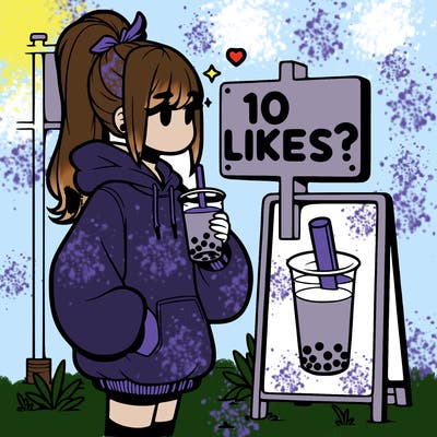 girl with oversized hoodie drinking boba and she has a high ponytail with a sign that says 10likes?