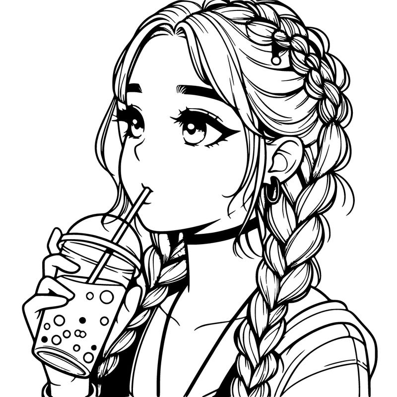 a realistic  teenage girl drinking boba with her hair in braids