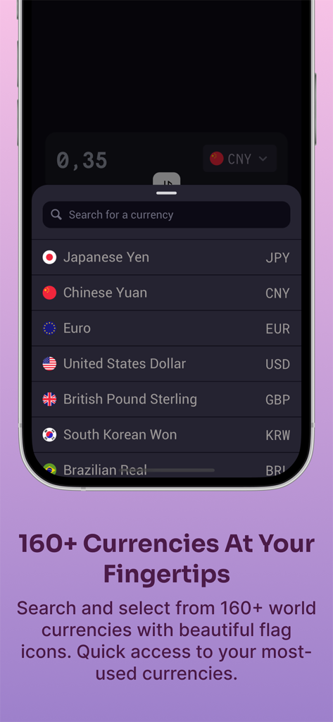 Xchanger app currency selection screen showing a list of global currencies with flags