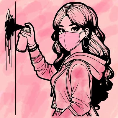 realistic girl with mask spray painting a wall