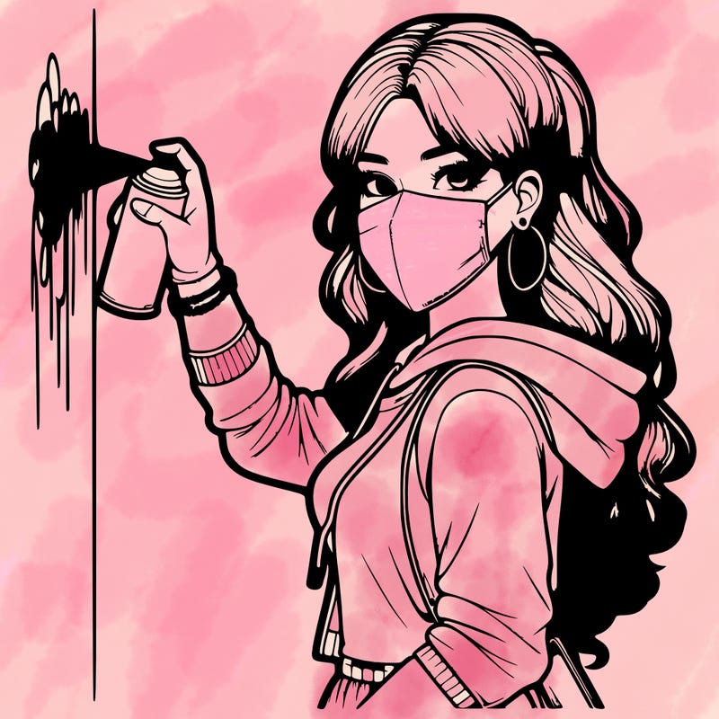 realistic girl with mask spray painting a wall