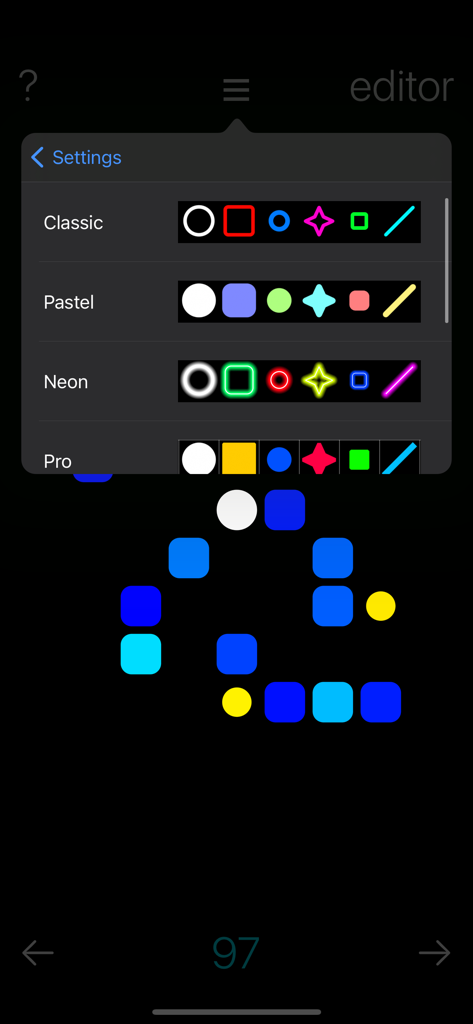 swipe - Menu de sélection du thème dans le jeu de puzzle minimaliste Swipe présentant les styles Classique Pastel et Néon