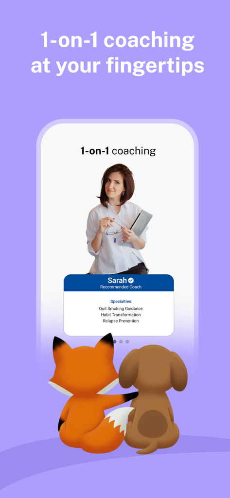 QuitSure Quit Smoking & Vaping - Uma captura de tela do aplicativo QuitSure mostrando o recurso de coaching individual com um perfil de um coach chamado Sarah e ilustrações fofas de animais.