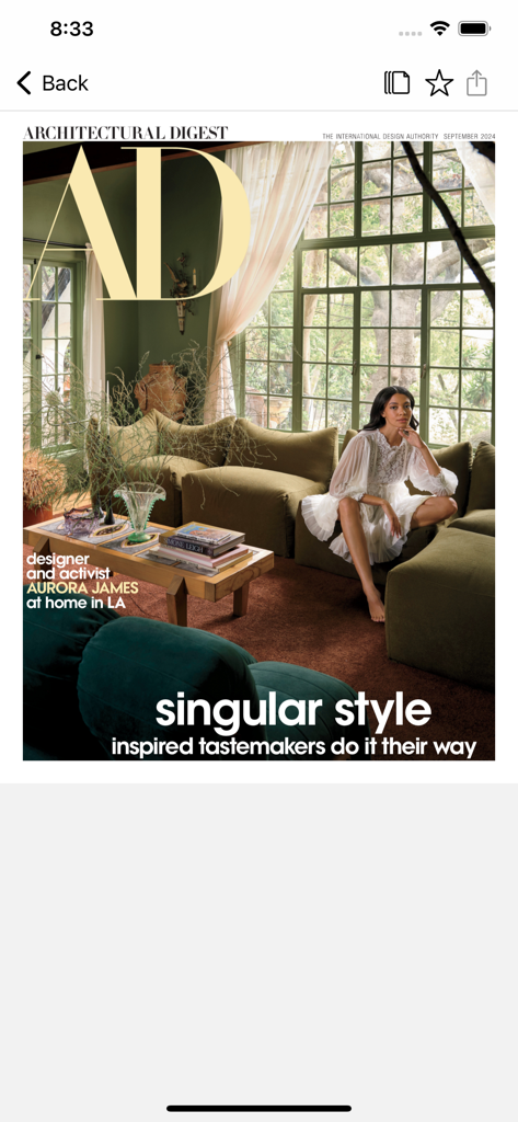 Architectural Digest digital magazine cover featuring designer Aurora James in her LA home.