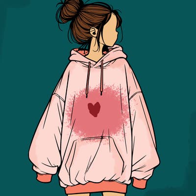realistic girl with a oversized sweatshirt on and a bun