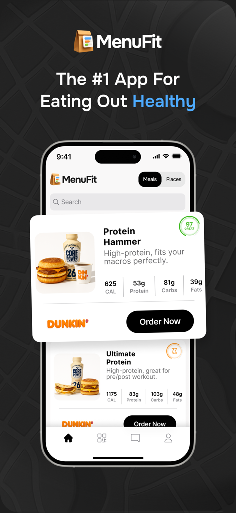 Interface do aplicativo MenuFit mostrando recomendações de refeições ricas em proteínas do Dunkin com contagem de calorias e macros