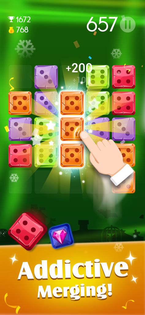 Gameplay screenshot of Merge Frenzy showing a hand merging orange dice blocks on a puzzle grid with the text Addictive Merging