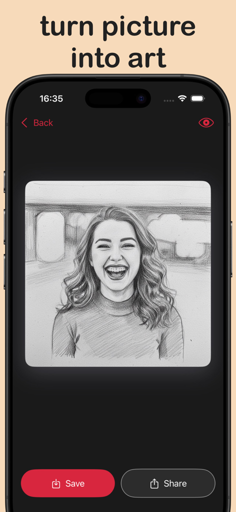 Mobile app interface showing a pencil sketch portrait of a smiling woman with save and share buttons