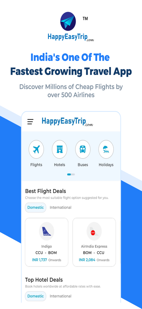 Interface de l'application Happy Easy Trip montrant des offres de vols et d'hôtels pour des voyages en Inde