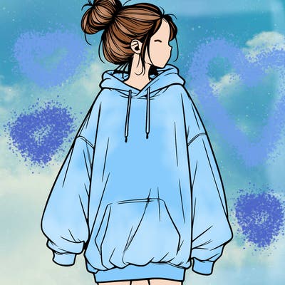 realistic girl with a oversized sweatshirt on and a bun