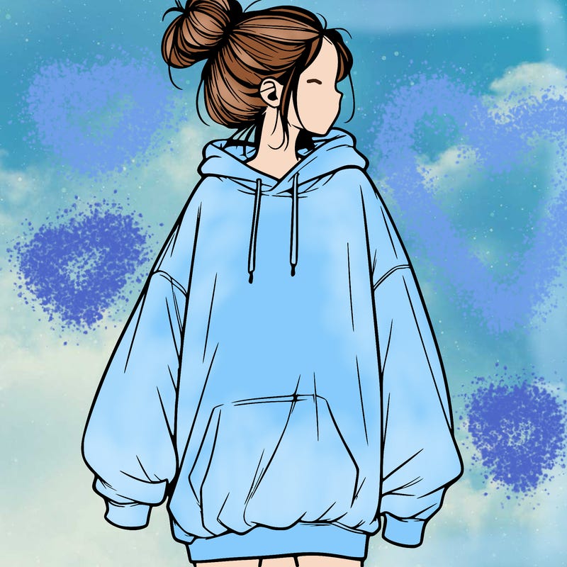 realistic girl with a oversized sweatshirt on and a bun
