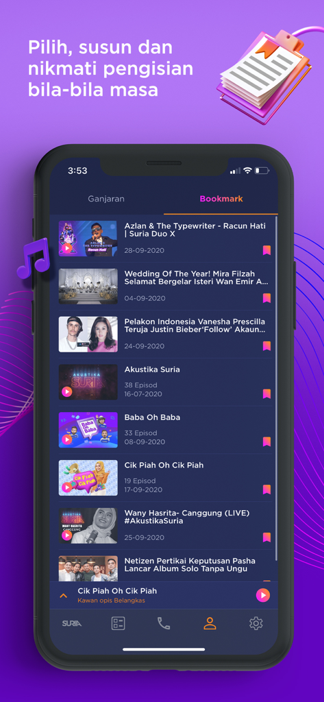 Suria Malaysia - Pantalla de marcadores de la aplicación Suria Malaysia mostrando una lista de segmentos de radio y videos musicales guardados