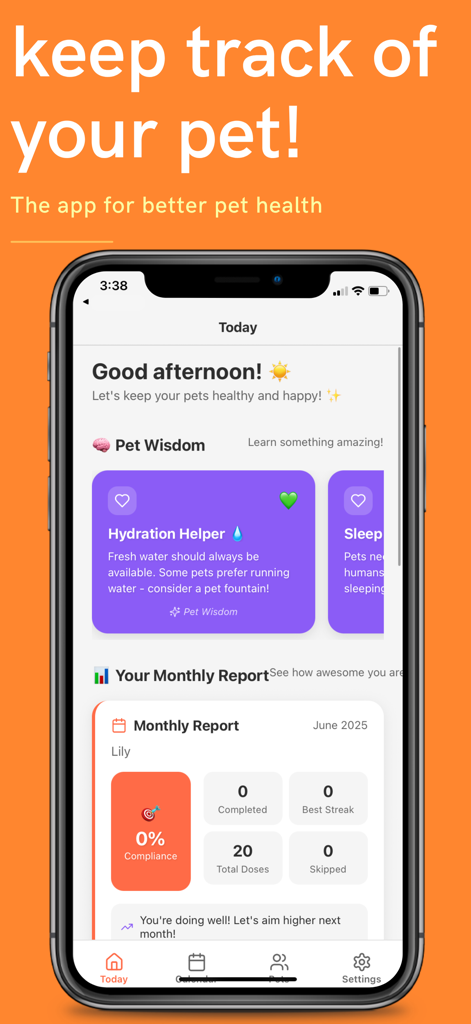 Pet Meds Reminder - Pet Meds Reminderアプリのダッシュボード、ペットの月次健康レポートと水分補給のヒントを表示