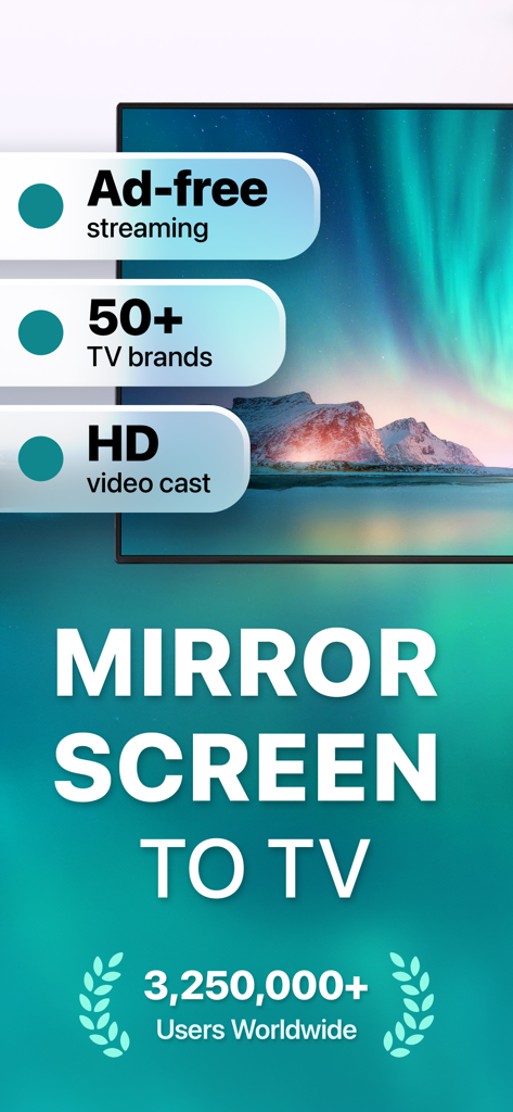 Promotional screen for Screen Mirroring app highlighting HD video casting and compatibility with over 50 TV brands
