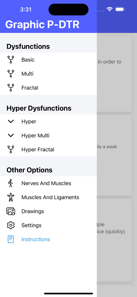Graphic P-DTR - Graphic P-DTR app navigation menu with dysfunction and anatomy options
