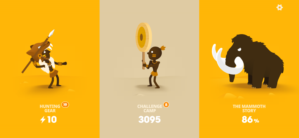 Big Hunter - A minimalist menu screen for Big Hunter showing three panels for hunting gear challenge camp and the mammoth story