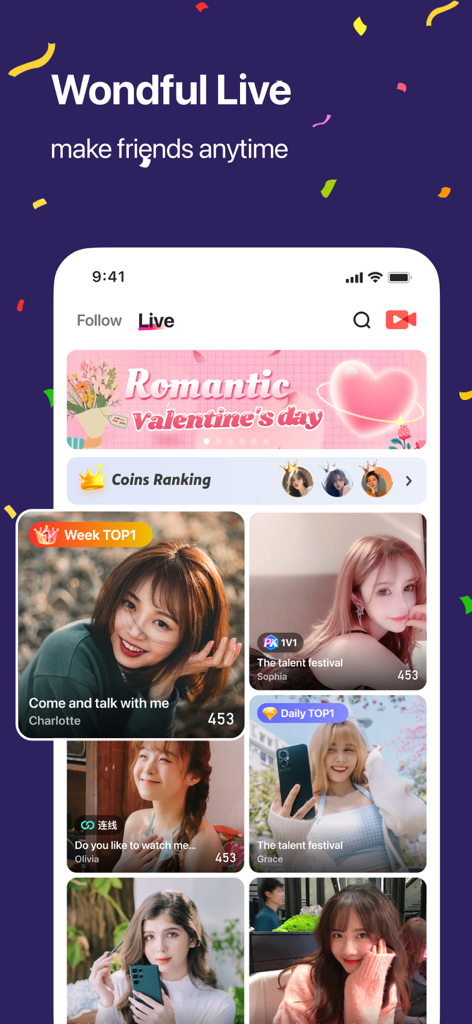 Supermeet - A screenshot of the Supermeet app showing a live streaming feed with various creator profiles and coins ranking.