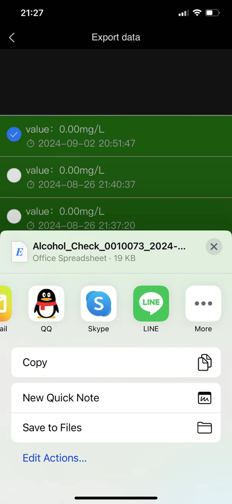 Alcohol Sensor app interface showing alcohol test data export and iOS share sheet