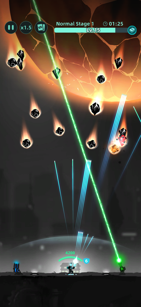 Galaxy Defense: Fortress TD - Jugabilidad de Galaxy Defense Fortress TD mostrando torretas láser defendiendo una base de meteoritos que caen en el espacio