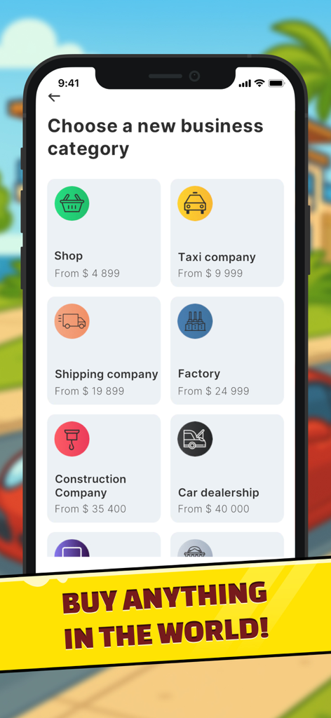 Pantalla del juego Business Empire RichMan que muestra opciones para elegir una categoría de negocio como tienda, fábrica o concesionario de automóviles