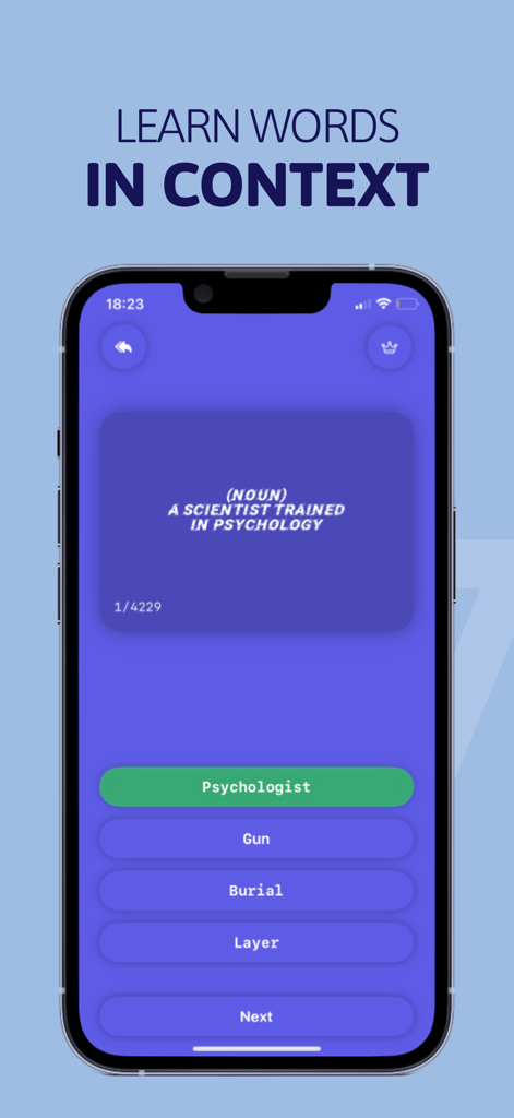 Learn English - Vocabulary - Vocabulary quiz interface showing a word definition and multiple choice options in the Learn English app.