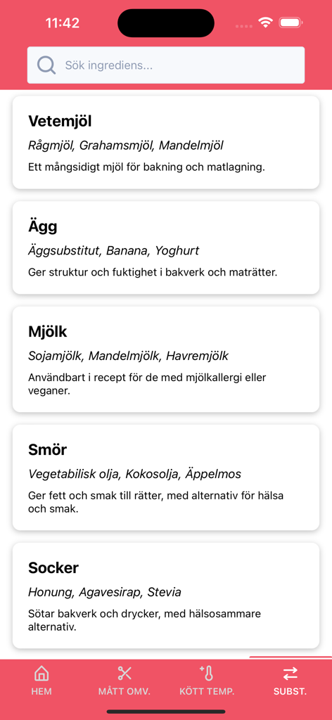 Kitchen Companion - A mobile app screen from Kitchen Companion displaying a list of cooking ingredient substitutions for flour, eggs, milk, butter, and sugar.