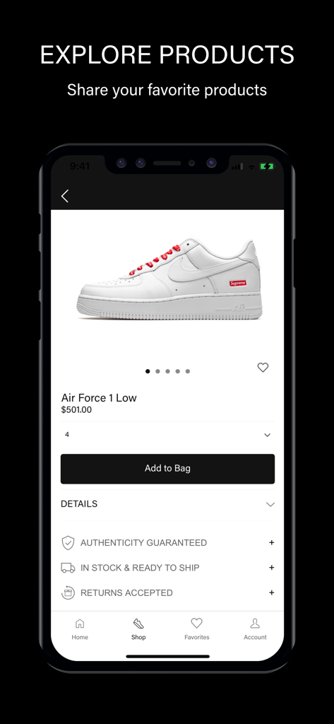 A mobile screen showing a product page for Nike Air Force 1 Low sneakers on the Stadium Goods app including price, size selection, and authenticity details.