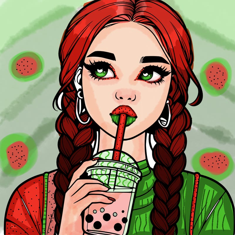 realistic girl with braided hair drinking boba