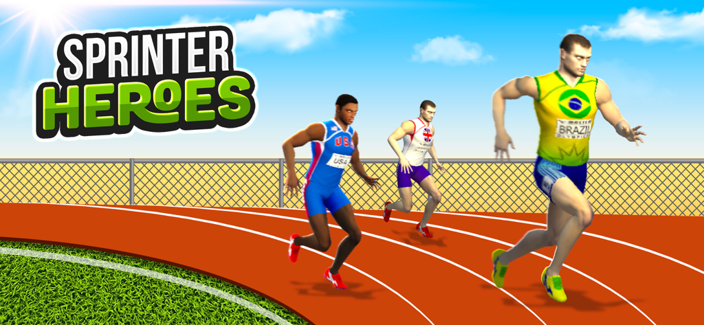 Sprinter Heroes - Two Players - Three 3D runners representing Brazil, UK, and USA competing on an orange track under a sunny sky with the Sprinter Heroes game logo.