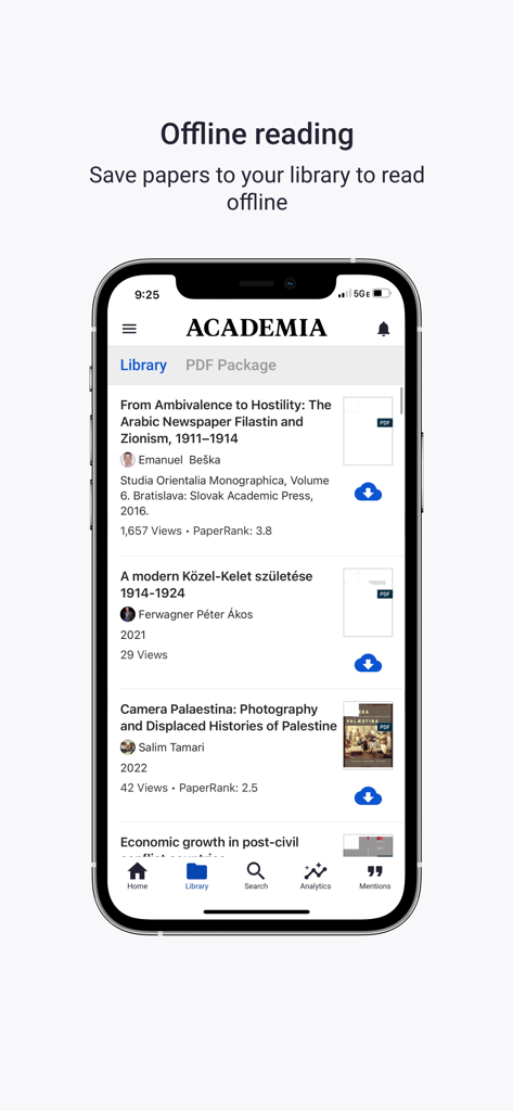 Academia.edu mobile app interface showing a list of saved academic papers available for offline reading in the personal library.
