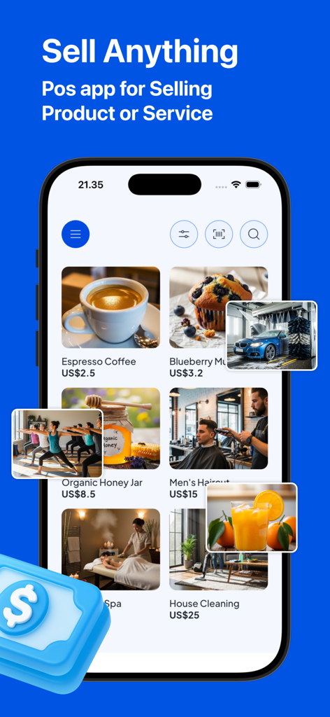 Salesmaster POS app interface showing a variety of products and services for sale on a mobile phone screen