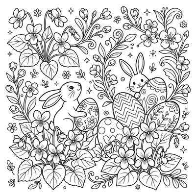 Embrace the beauty of spring and Easter with this charming coloring page. It features adorable bunnies nestled among wild violets and elaborately patterned Easter eggs, perfect for a joyful coloring session.