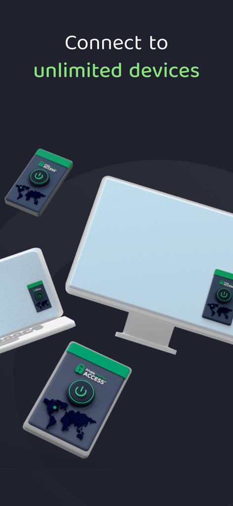 A graphic showing a desktop monitor, laptop, and smartphones with the text Connect to unlimited devices