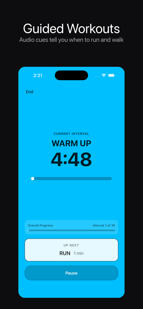 Pantalla de entrenamiento guiado mostrando un temporizador de calentamiento y el progreso del intervalo