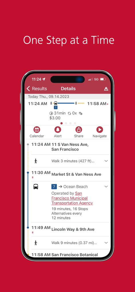 MuniMobile - MuniMobileアプリインターフェース：サンフランシスコの公共交通機関のルート手順、バス時刻、運賃価格を含む詳細な乗換案内を表示