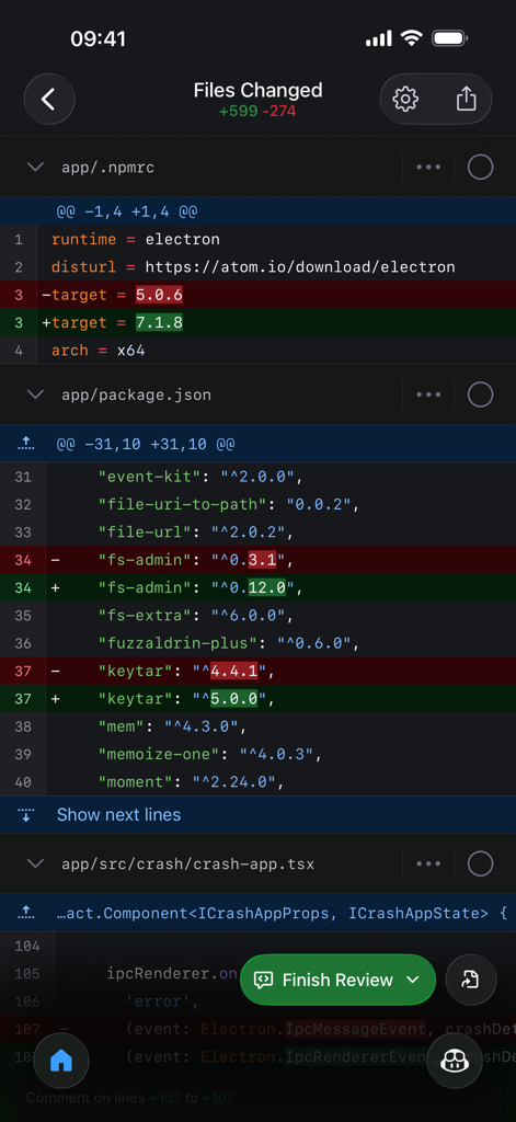 Screenshot of the GitHub iOS app displaying a code diff review in a dark mode interface