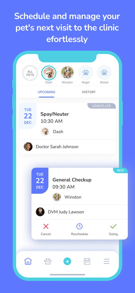 Digitail - Smarter Pet Care - Digitailアプリのモバイルインターフェースには、今後の獣医の予約とペット管理機能が表示されています