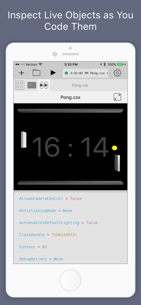 Continuous .NET C# and F# IDE - Real time object inspection and debugging of a pong game in Continuous .NET IDE on iPhone