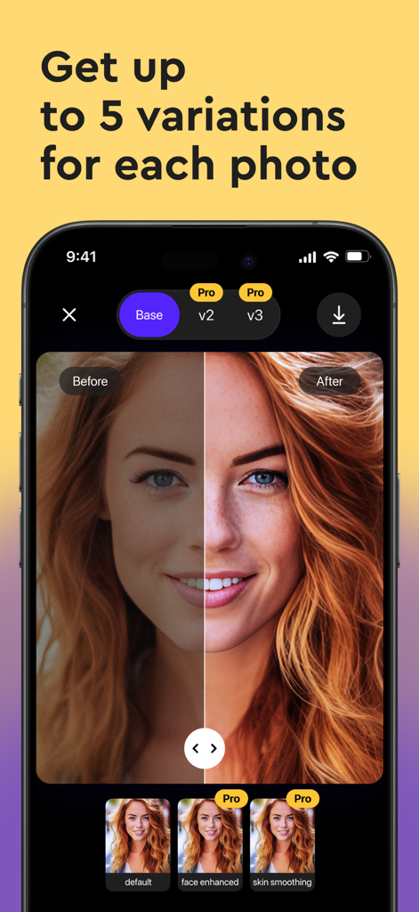 AfterShot - AI photo editor - A split-screen comparison showing before and after AI facial enhancement in the AfterShot app