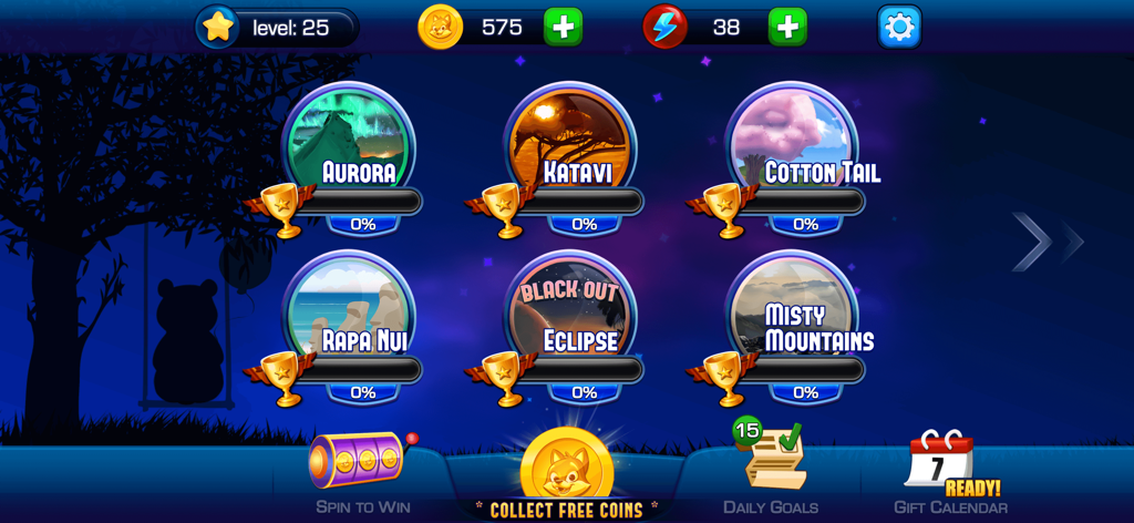 Absolute Bingo! Play Fun Games - Absolute Bingo menu screen showing various themed game rooms and player progress.