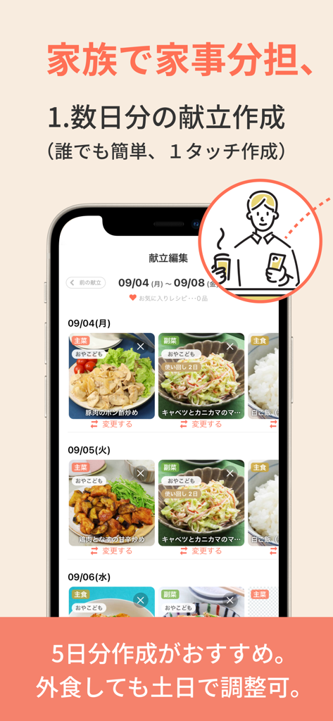 A mobile app screen showing a 5-day automated meal plan with main and side dish suggestions for family cooking.